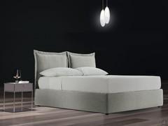 MilleLetti bed with a headboard with applied cushions, a 30 cm high bed frame and fabric upholstery with upturned velcro