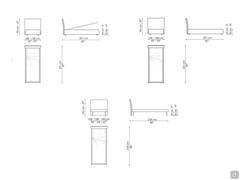 Diagrams and dimensions of the Tonight bed by Bonaldo in versions with storage box, upholstered bed frame or "Air" bed frame, slim and with high feet