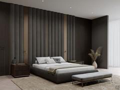 Fabric boiserie for Lounge bedroom in full-height wall version, with metal inserts