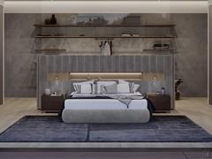 The bed-frame and wall panelling of Lounge bed can be upholstered in matching tone or contrasting either in fabric, faux-leather or leather