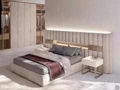 Bed Lounge with low headboard and open compartment, paired with the Oyster nightstands with which it shares the same sampler of lacquer finishes