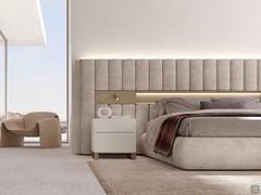 Bed Lounge with low headboard and open compartment, complemented by matching lacquered LED spotlights