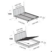 Scheme of the measurements of the upholstered bed with and without box (measurements are in mm)