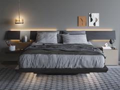 Bed Planeur with symmetrical projecting headboard, perfect for accommodating matching bed groups. Suspended wooden shelf on the left side, and Quarantacinque nightstand on the right side