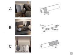 Optional: A) freely placeable metal or leather shelf - B) freely placeable suspended wooden shelf with wall/rail attachment - C) pair of freely placeable leather-covered headrests