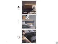 LED lighting: A) LED bar on upper profile B) LED bar on lower profile C) LED bars on bed frame