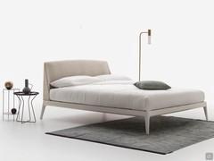 Wooden double bed Bastian, with headboard upholstered and backfinished in fabric, leatherette or leather