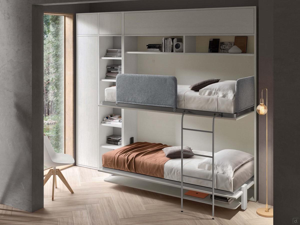 Slot foldaway bunk bed, a space-saving solution with reduced depth to obtain two beds out of a small bedroom or study