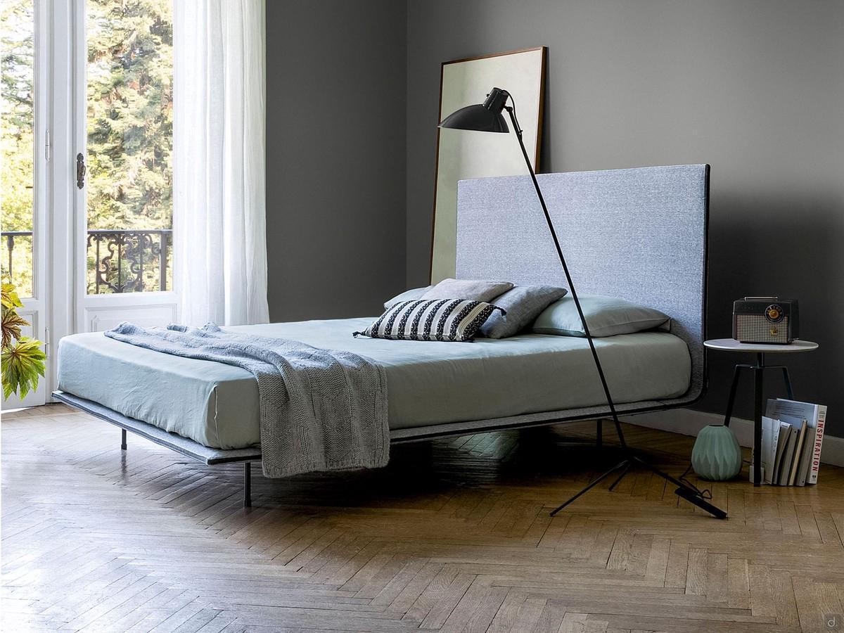 Minimal style bed model Thin, in four sizes and with headboard and bed frame upholstered in fabric, leatherette or leather