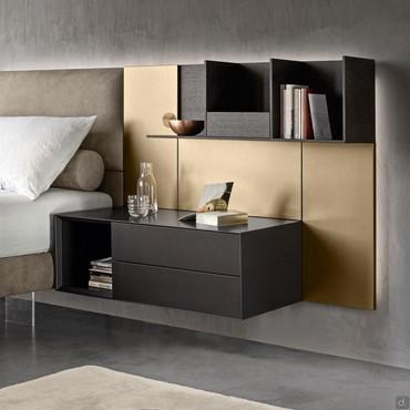 California wall panelling in wood or upholstering, with open shelving units