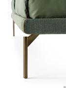 Detail of extra-slim bed frame h.5 cm with textile upholstery finished with contrast profile on corners