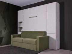 Poker hide-a-bed with Holdem sofa and All-In side bookshelves/wardrobe, products from the same collection designed to create a small living system around the bed