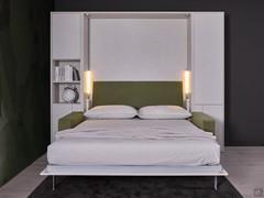 Front view of the open Poker bed, equipped with upholstered headboard (available plain or quilted) and side reading lights, two of the many options available to customise your bed