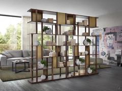 Modular partition bookcase Caravel in walnut canaletto veneer, with optional painted metal inserts