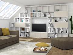 Almond d.32,8 lacquered modular bookcase in a room with slanted ceiling