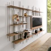 The vertical structure and asymmetrical cascading arrangement of shelves helps to lighten the composition