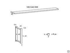 Schematics of the elements that make up the bookcase Windsor: base/shelf in three sizes, metal brackets and spacers for composition with storage units