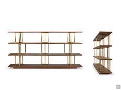 Lana bookcase (cm 240 d.35 h.122) with shelves in Canaletto Walnut and dividing supports in satin-finish brass