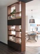 Double-sided bookcase with pass-through compartments and double views of entrance and living room