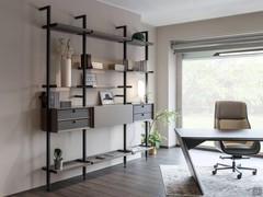 Betis shelving system equipped with trays, wooden and glass shelves, cabinets with drop down doors and belting leather fronts