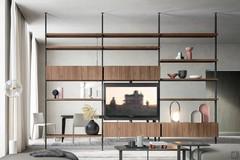 Bookcase Betis with shelves, trays, flap and vasistas storage and TV stand panel