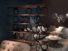 Ramsey partition bookcase with shelves in Canaletto Walnut and circular metal supports in Titanium lacquer