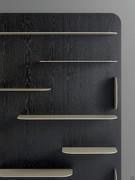 Charcoal oak frame and matte pearl gold metal shelves