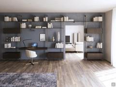 Modular bookcase with uprights and cabinets Byron, configurated with shelves and a desk made from wood.