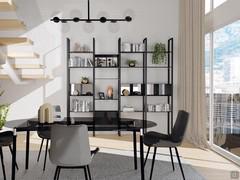 Milton bookcase with 5 uprights, inserted in a living context next to the dining area