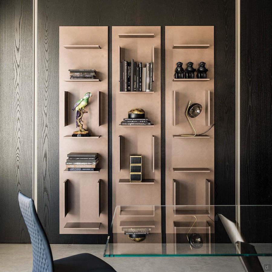 Fifty wall-mounted modular bookcase by Cattelan in bronze lacquered embossed finish