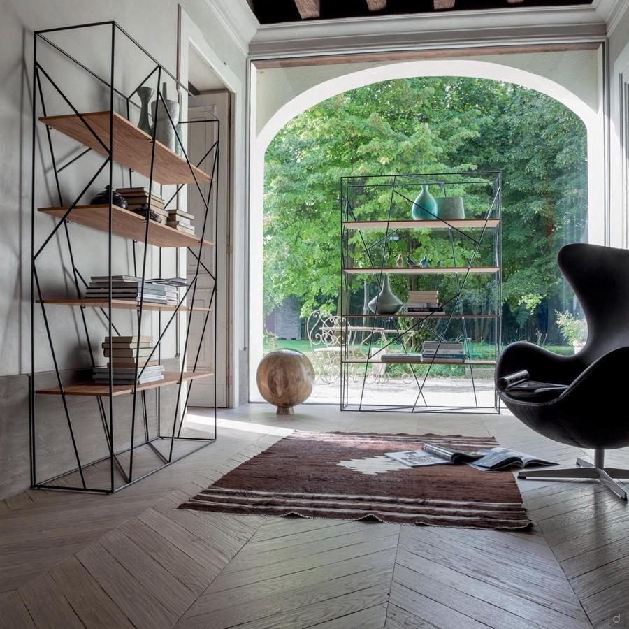 Naviglio double-sided bookcase with black lacquered metal structure with shelves in canaletto walnut wood veneer 