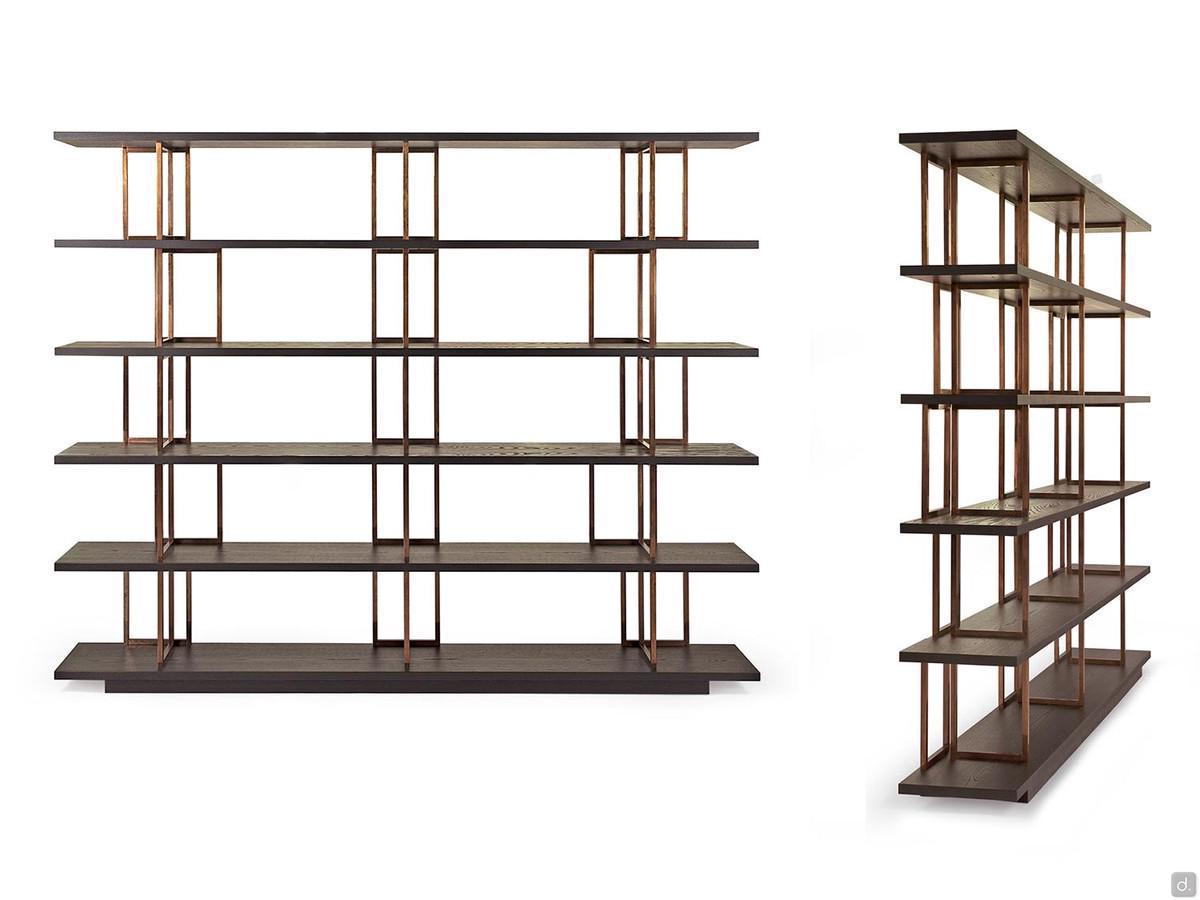 Lana bookcase in the cm 240 d.35 h.198 model with oak-wood shelves and lightweight supports in bronze-effect brass metal