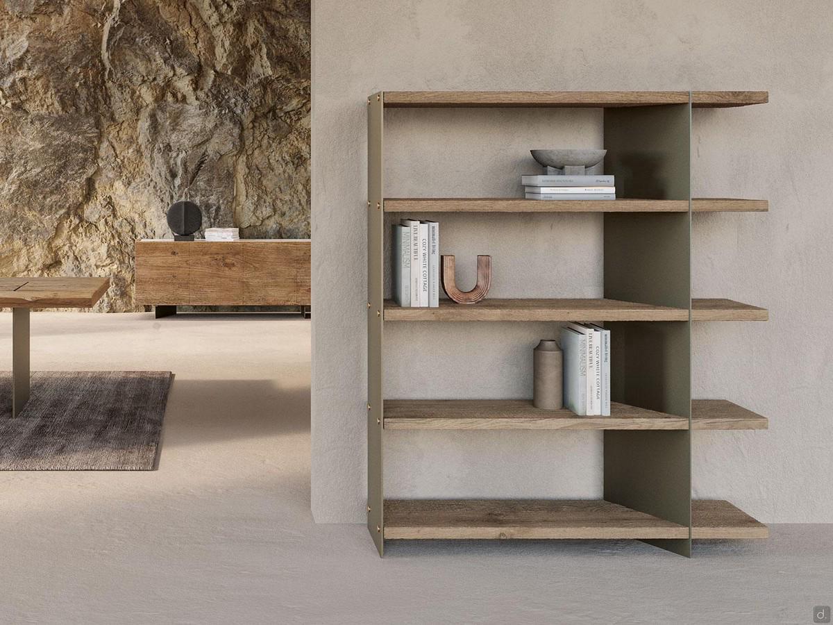 Althea industrial-style dividing bookcase with with natural secular wood shelves and painted metal uprights