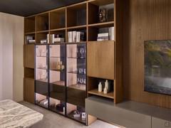 Aliant bookcase with display case, made entirely of Fashion Wood and complemented by LED lighting