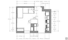 Plan of an open space with the layout of the different furnishing elements