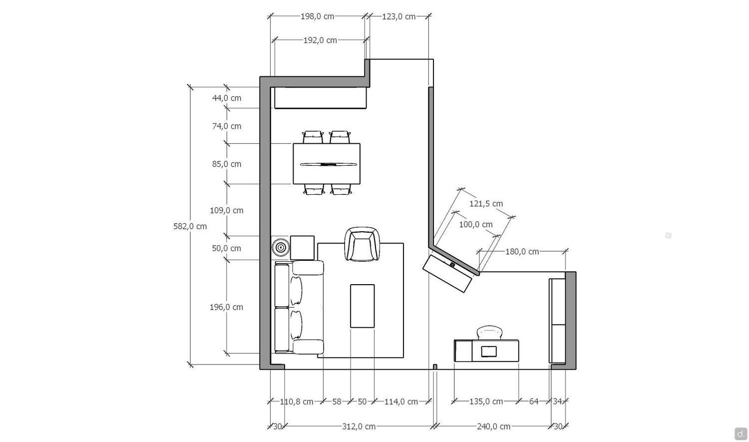 Example of detailed plan with the arrangement and position of the different living room furniture