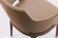 Detail of the curved wooden backrest that wraps around the upholstered bodyl of the Velis armchair