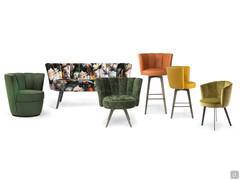 Living room chair Petra combined with armchairs, sofa and stools from the same collection