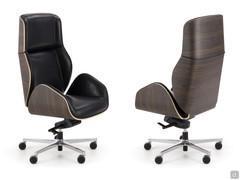 Office armchair Suoni upholstered in black leather with rosewood shell