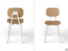 Front and back view of the modern chair Lollipop with white metal frame and natural oak seat and backrest