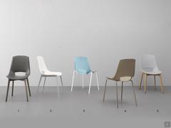 Nicole chairs: 1 and 5. wooden legs, 2. painted aluminium, 3. stackable with painted metal legs, 4. painted metal legs