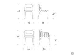 Diagrams and dimensions of the chair and armchair Mivida in quilted version