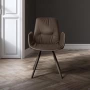 Front view of this elegant chair with faux-leather piping and armrests.Spoke base in Dark oak painted ash solid wood.