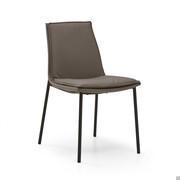 Dalila padded chair with cushion and without armrests. Leather upholstery and metal legs in Charcoal-painted finish.