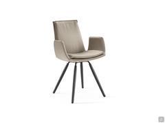 Dalila padded chair with cushion and armrests. Leather upholstery and wooden trestle legs in the Black-painted finish.