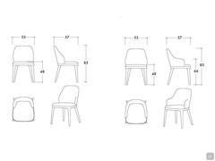 Diagrams and dimensions of the upholstered armchair Elise in the two versions with or without arms