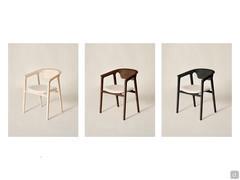 Ashina chair with covered seat in the available finishes, from left to right: natural ash-wood, brown ash-wood, black, black 