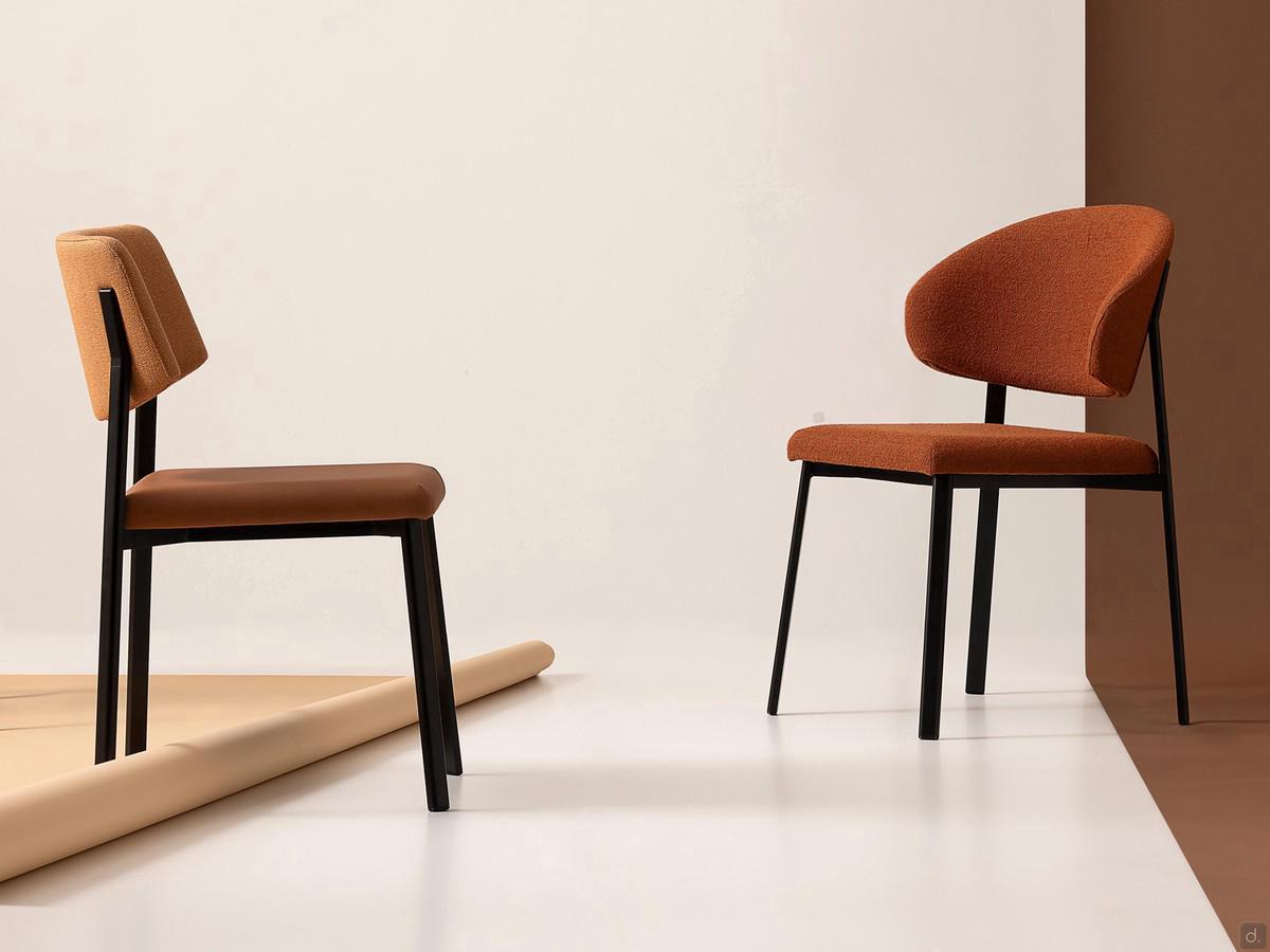 Omnia upholstered kitchen chair (left) and upholstered armchair (right) versions. Also available in two-colour versions, with contrasting seat and backrest