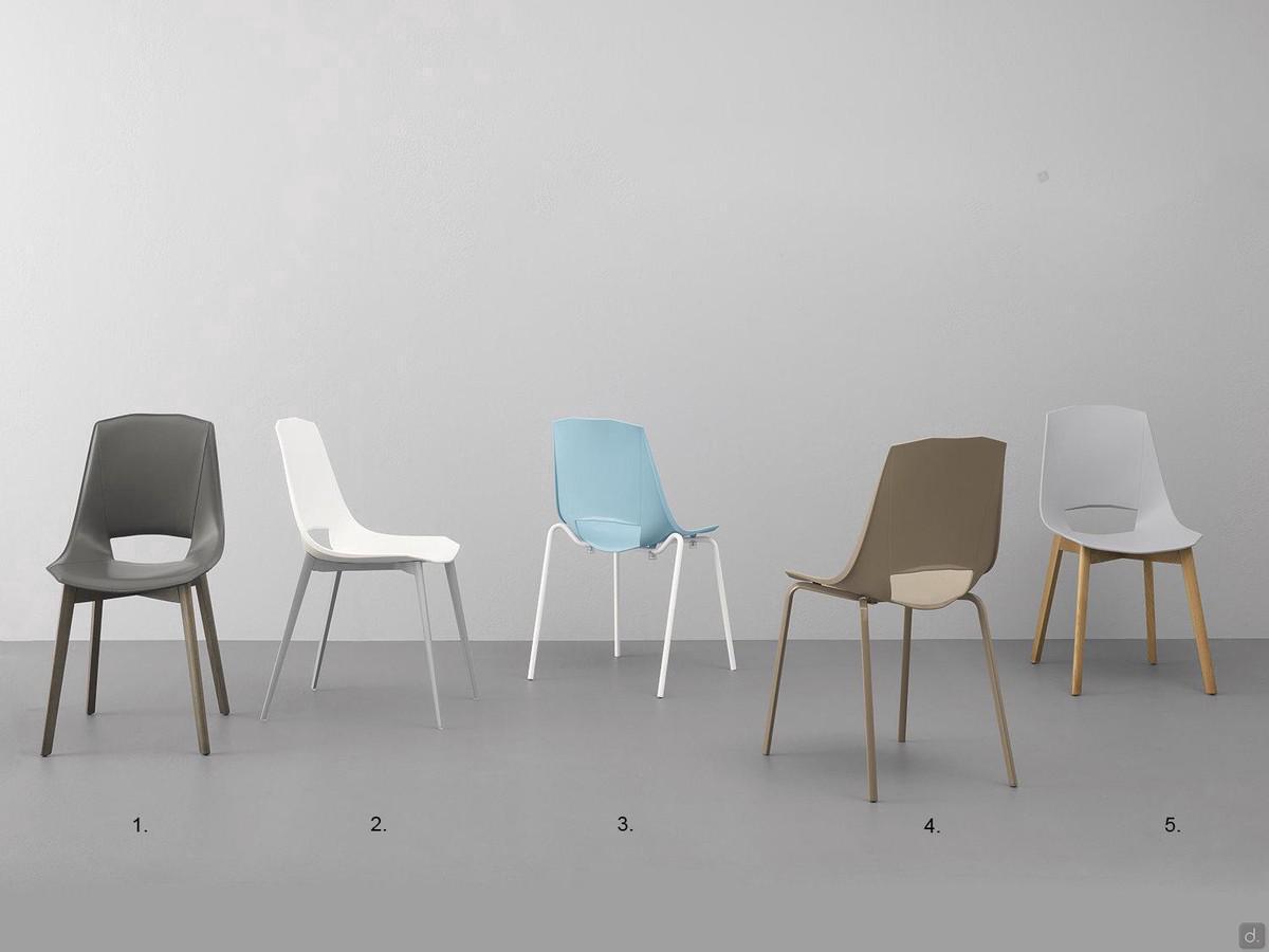 Nicole chairs: 1 and 5. wooden legs, 2. painted aluminium, 3. stackable with painted metal legs, 4. painted metal legs