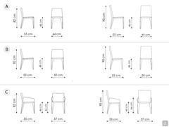 Dimensional drawing of Filly chair: A) without armrests B) without armrests with wide seat C) with armrests